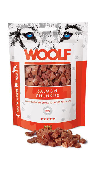 Woolf - Salmon Chunkies 100g - mini kosteczki z łososiem - przysmak dla psa